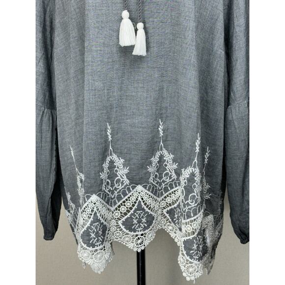Du Jour Women’s 2XL Gray Peasant Blouse Embroidered Tasseled Cotton - Picture 3 of 14